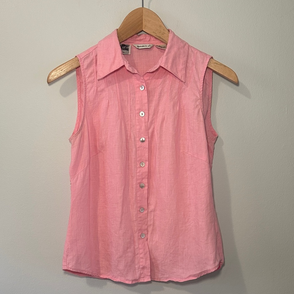 Sleeveless Pink Button-Up Top 100% Irish Linen
